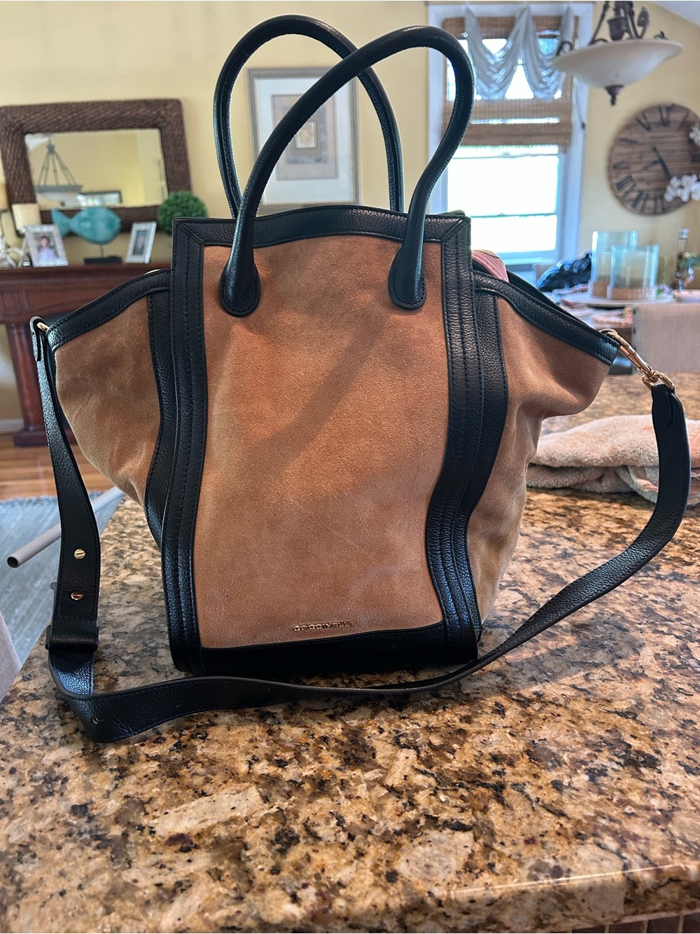 Suede Tote with Black Leather Trim - Tan and Black